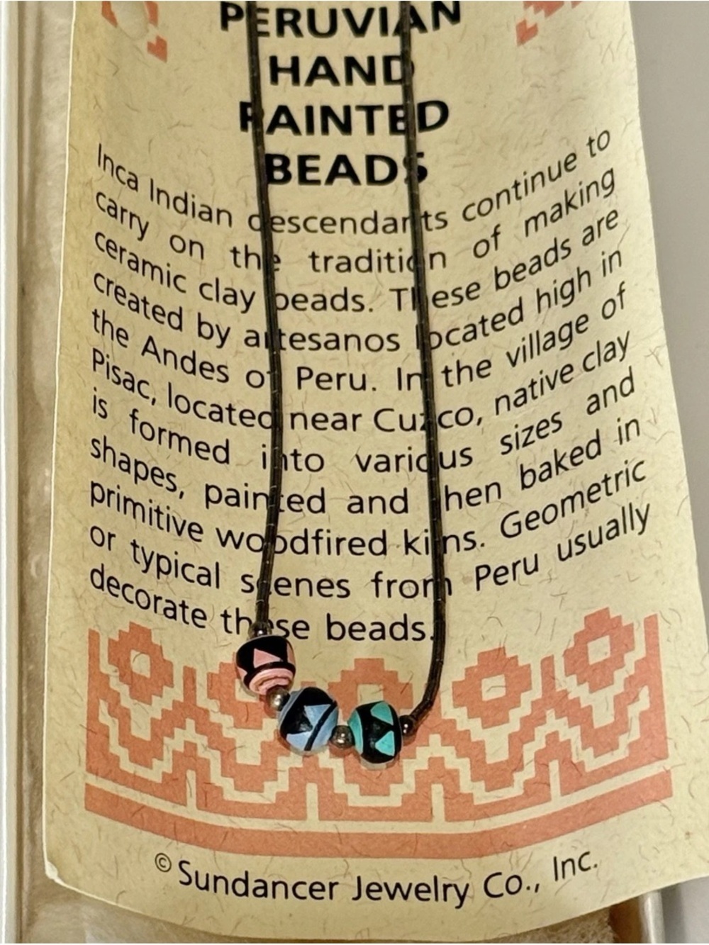 Vintage Peruvian Hand Painted Bead Necklace 16.25” New In Box Sundancer
